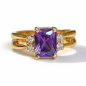 10KT Gold Plated Amethyst Ring Size 8 Emerald Cut Ring Vintage Crystal Jewelry